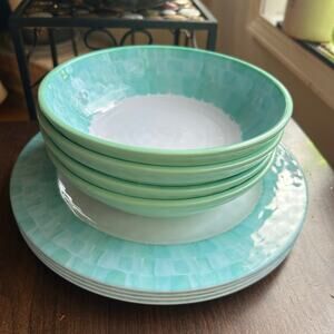 Set of 8 Sigrid Olsen 8" Melamine Bowls White Teal & 11”Dinner Plates